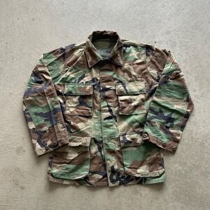 Vintage 90s Woodland Camo Military Field Jacket Size Small USMC Stencil Cargo